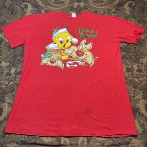 Vintage 90s Looney Tunes Tweety Bird Holiday Christmas T Shirt Adult Size 2X Red